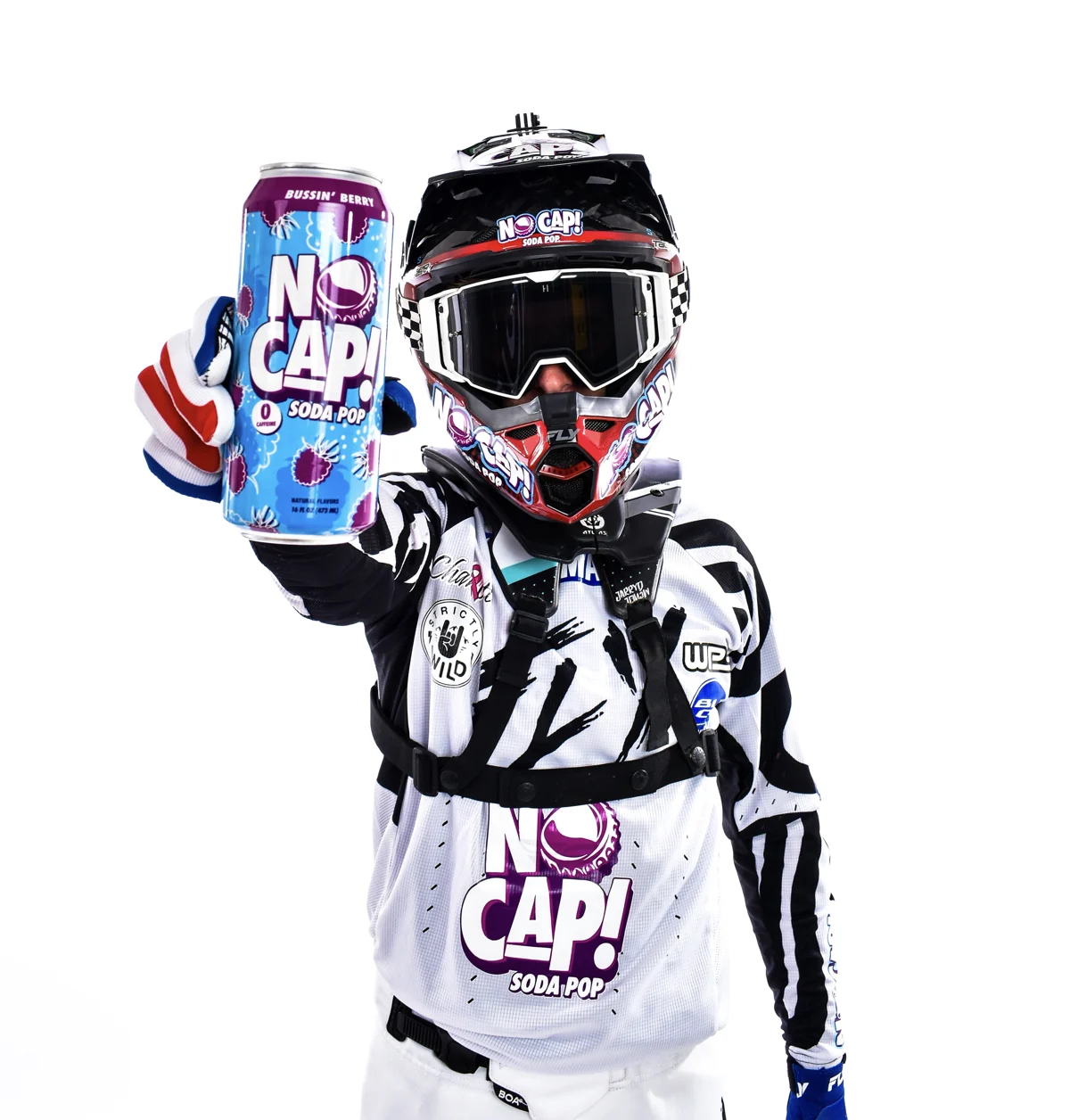 Motocross athlete presenting a NO CAP can