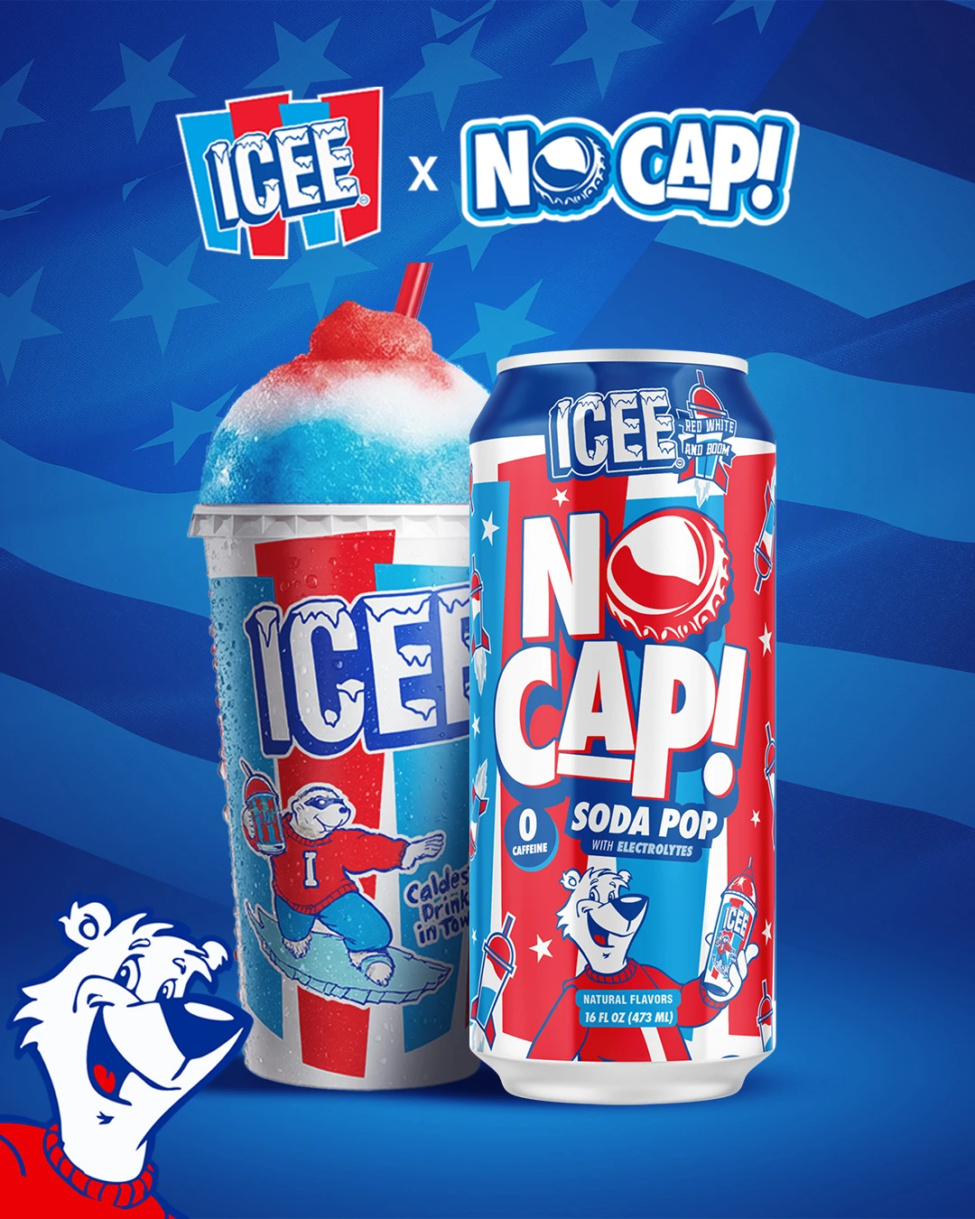 NO CAP and ICEE campaign with the can and frozen drink against an electric blue background