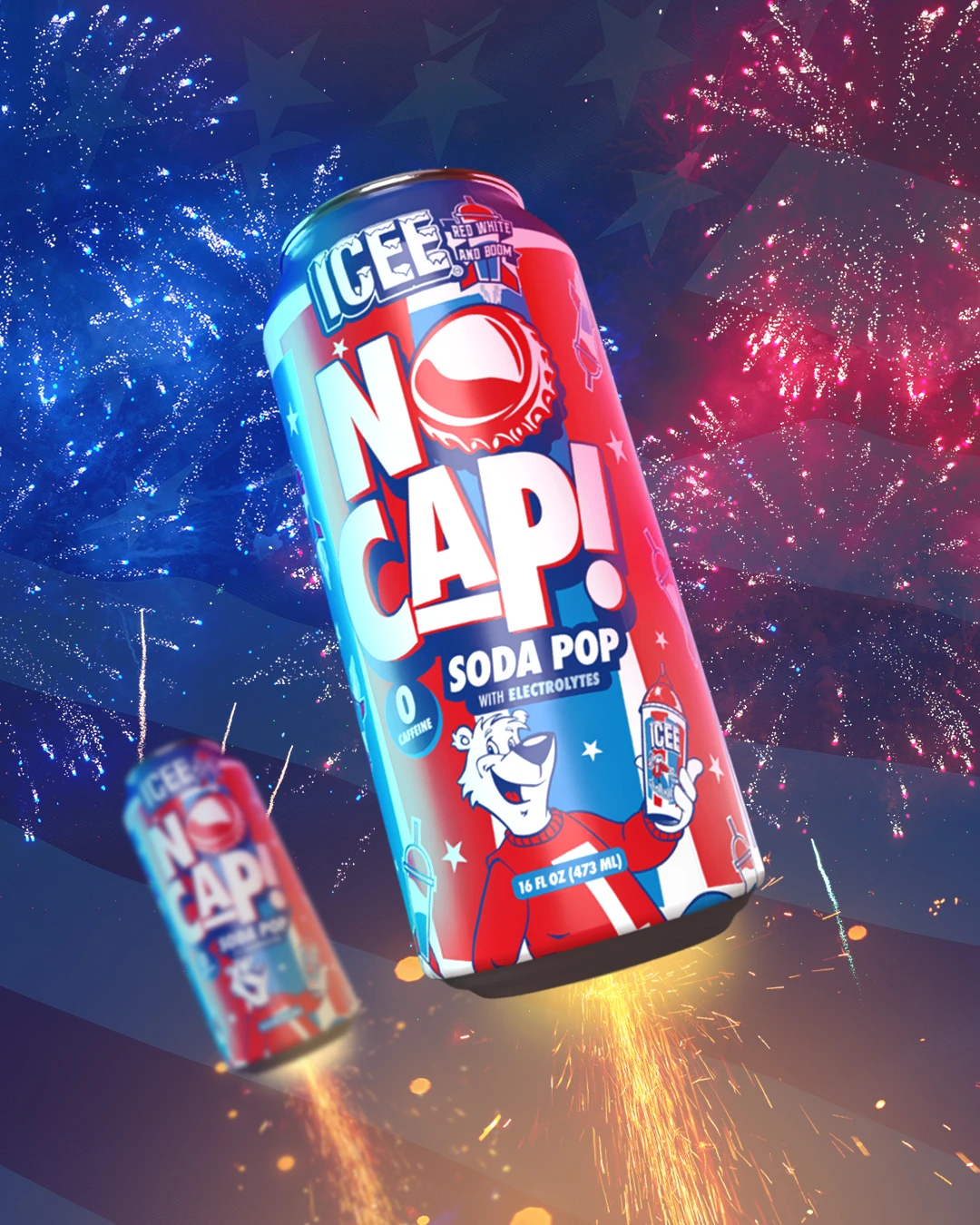 NO CAP ICEE can against vivid blue and red campaign effects