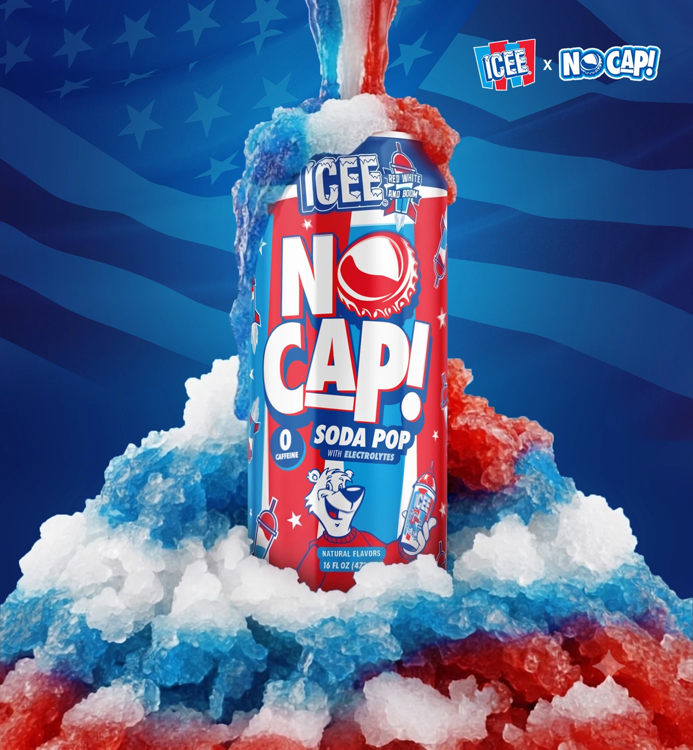 NO CAP ICEE can with red white and blue frozen textures