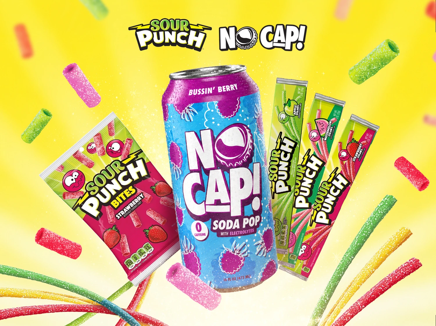 Sour Punch candy pieces and NO CAP can campaign