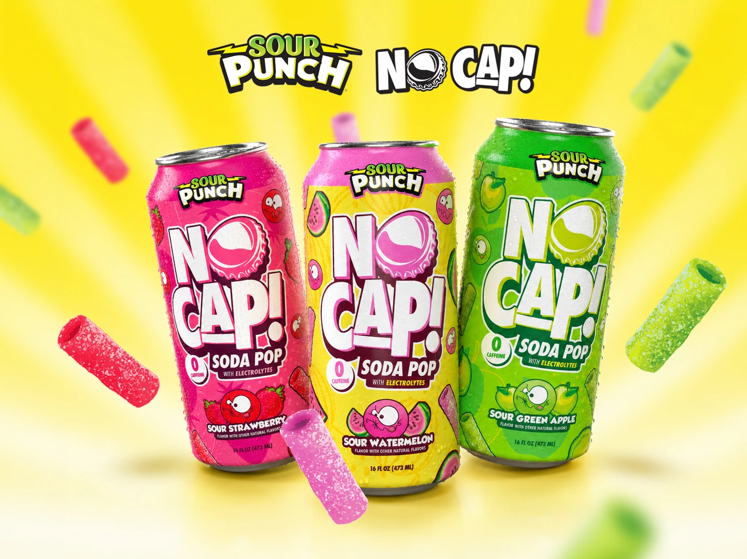NO CAP and Sour Punch campaign with candy pieces and bright flavor cans on yellow
